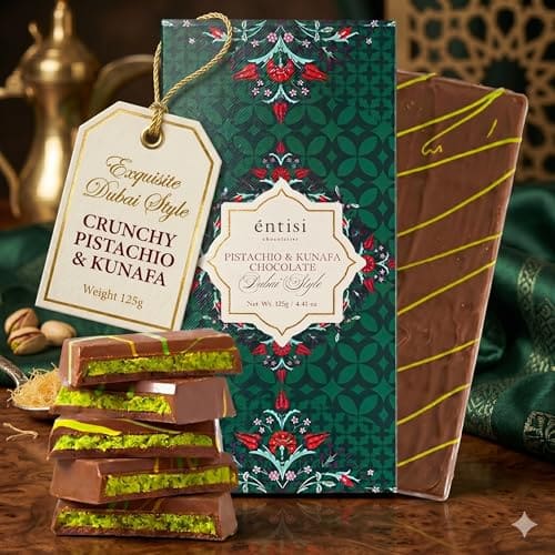 🛒 Entisi Kunafa Chocolate Bar Dubai, Pistachio Kunafa Chocolates , Dubai Chocolate , Rich Pistachio Filling, Crispy Kunafa Milk Chocolate, Middle Eastern Sweets, Perfect for Snacking, Gifting & Dessert Lovers, 125g