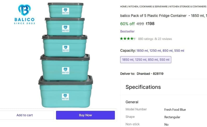 🔥  Pack of 5 Plastic Fridge Container @ ₹198