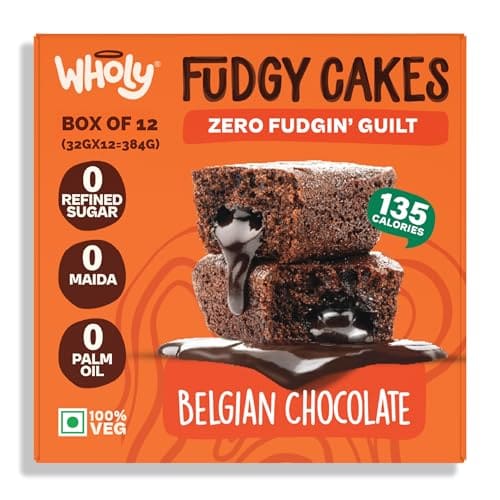 🛒 Wholy Belgian Chocolate Fudgy Center Filled Eggless Cake | Baked with Jaggery | No Maida | No Palm Oil | No Preservatives | High Fiber | Low Cal | Wholegrain | Moist Snack Cake - 32g (Pack Of 12)