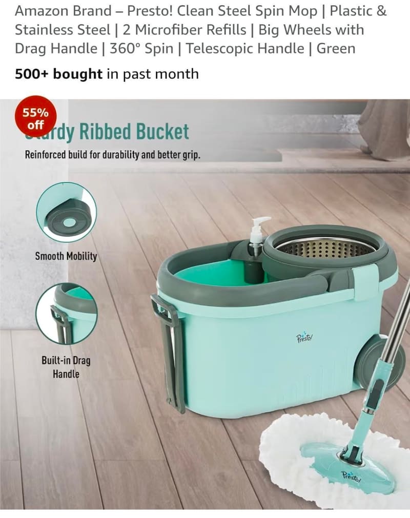 Amazon Brand  Presto! Clean Plastic Spin Mop | Durable  @ ₹1,199