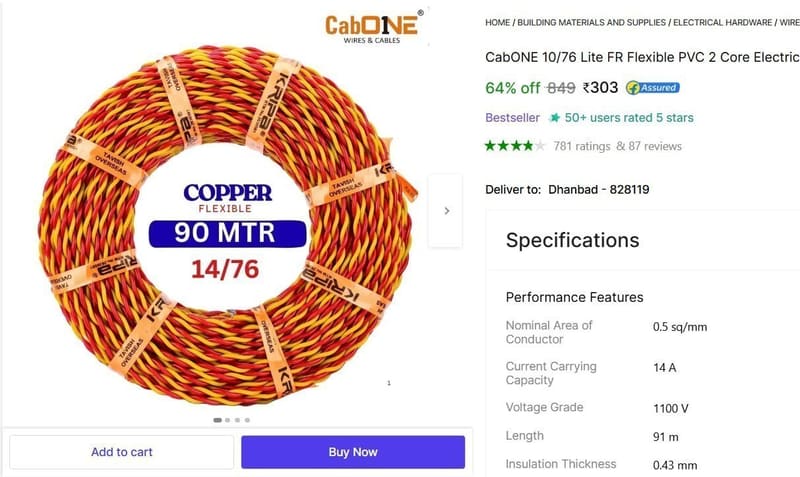 🔥  Copper Wire 2 Core Electric Wire|90 MTR @ ₹303