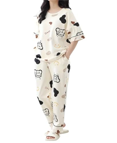 🛒 Louis Luxe Womens Korean Night Dress || Full Pyjama Set ||Korean Nightsuit || Women Nightwear ||Round Neck Full Sleeve Nightsuit || Loungewear || Everyday Nightdress (ND-10-CREAM-XXL)