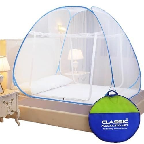 🛒 Classic Mosquito Net for King Size Bed | 30 GSM Polyester Fine Mesh | Foldable Pop Up Machardani for Double Bed | 360° Mosquito & Insect Protection | Washable & Reusable | Blue