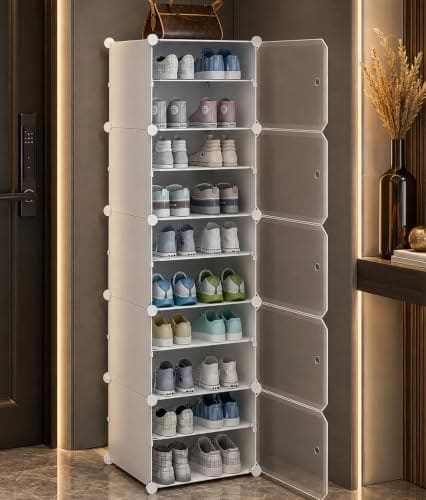 🛒 AYSIS Premium Foldable Plastic Shoe Rack for Home, 𝟓 𝐃𝐨𝐨𝐫 𝟏𝟎 𝐒𝐡𝐞𝐥𝐟 Shoe Cabinet, Dustproof & Waterproof Organizer, Portable Space Saving Storage for Entryway, Bedroom & Living Room, White