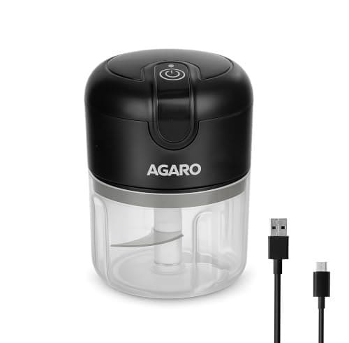 🛒 AGARO Elite Rechargeable Mini Electric Chopper, Food Grade Bowl, Stainless Steel Blades, Rechargeable, One Touch Operation, for Chopping Garlic, Ginger, Onion, Vegetable, Nuts, 250 Ml, Black