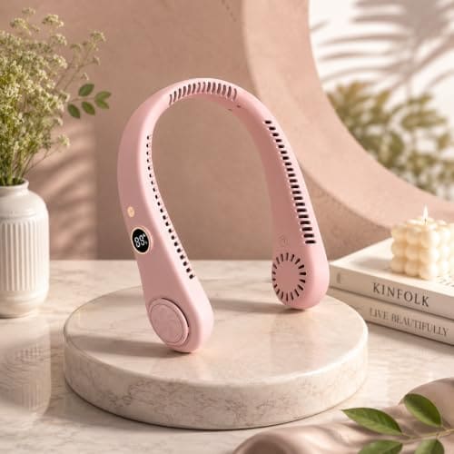 🛒 Gesto Portable Neck Fan Rechargeable – Hands-Free Neck Fan for Summer With 1500 mAh Battery & Display | 5-Speed 360° Airflow, USB Charging Personal Fan for Home, Kitchen, Gym, Travel, Running -Pink