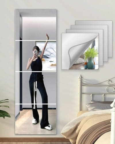 🛒 Shatterproof Wall Mirror Full Length for Bedroom,Plexiglass Gym Mirrors for Home, Extra Thick: 0.1 inch, 10x10 inchx4 Pcs, Workout Mirrors Safe for Kids, Over The Door, Long Wall Mounted,Acrylic frame