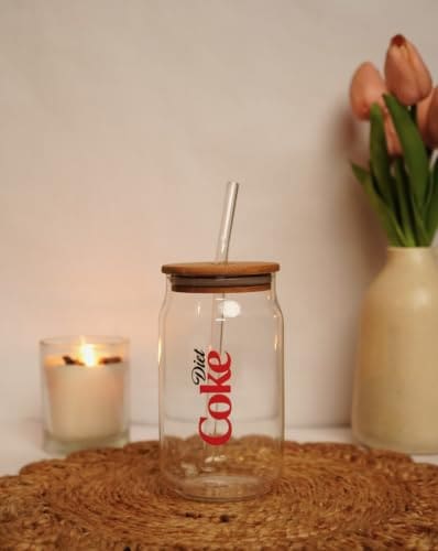 🛒 Najarat Diet Coke Glass Tumbler Mug with Straw for Milk/Coffee/Green Tea Cup Set of 1-500ml Transparent Can Shape Cup (Pack of 1) (Wooden Lid) (Diet Coke)