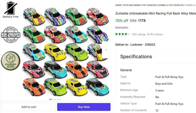 🔥  (Pack of 12) Mini Racing Pull Back Diecast Cars @ ₹174