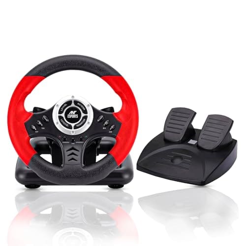 🛒 Ant Esports GW170 Racing Steering Wheel with Pedals, 180° Rotation, Compact USB Gaming Wheel for PC, PS4, PS3, Xbox One, Xbox Series X/S, Switch & Android TV (Red/Black)