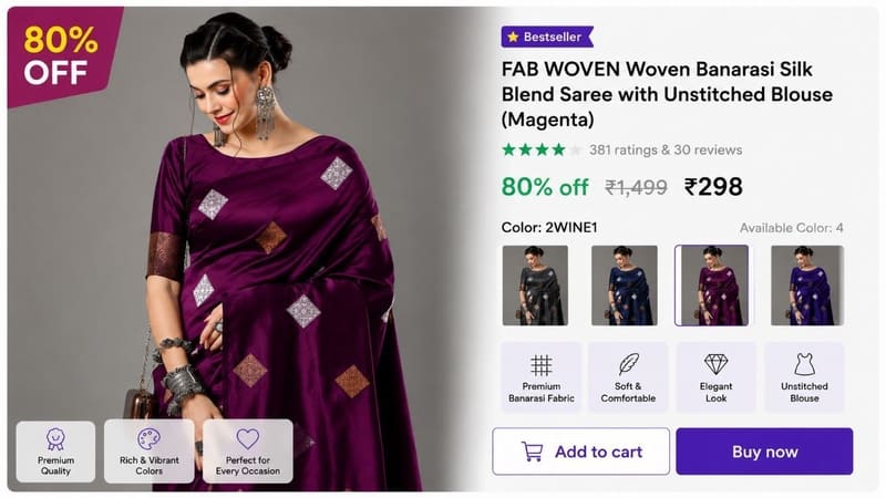 🔥 Banarasi Silk Blend Saree With Unstitched Blouse @ ₹298