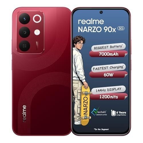 🛒 realme NARZO 90x 5G (Maroon Red 2026, 6GB+128GB) | 7000mAh + 60W Biggest Battery & Fastest Charging in the Segment* | 144Hz Bright Display | Sony 50MP AI Rear Camera | 400% Ultra Boom Speaker