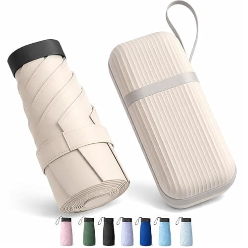 🛒 REXERA UV Travel Mini Folding Ultra Compact pastel Umbrella with Hard Case, Manual Open 6 Ribs Lightweight Premium Portable, Windproof Small Sun & Rain Pocket Umbrella for Men and Women- Use in Rain & Summer (Beige)