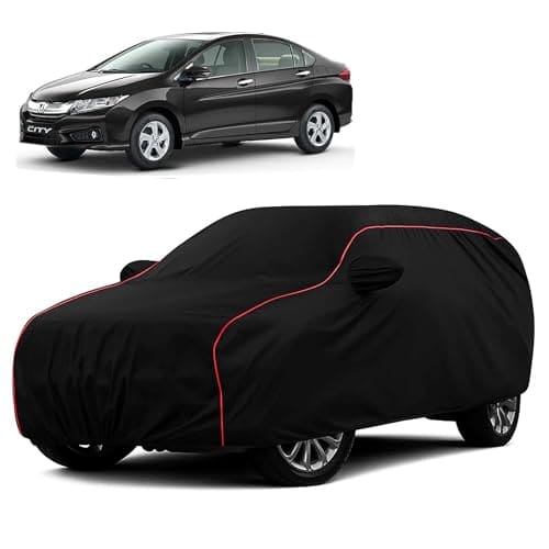 🛒 Sulfar 100% Water Resistant Car Body Cover Compatible with Mirror for Honda City i-VTEC (Triple Stitched, Full Bottom Elastic, Black with Red Piping)
