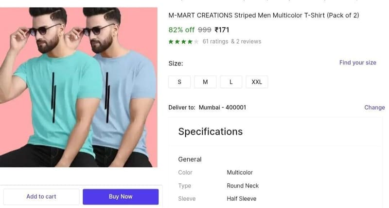 💥 Pack of 2 T-Shirt @ ₹171