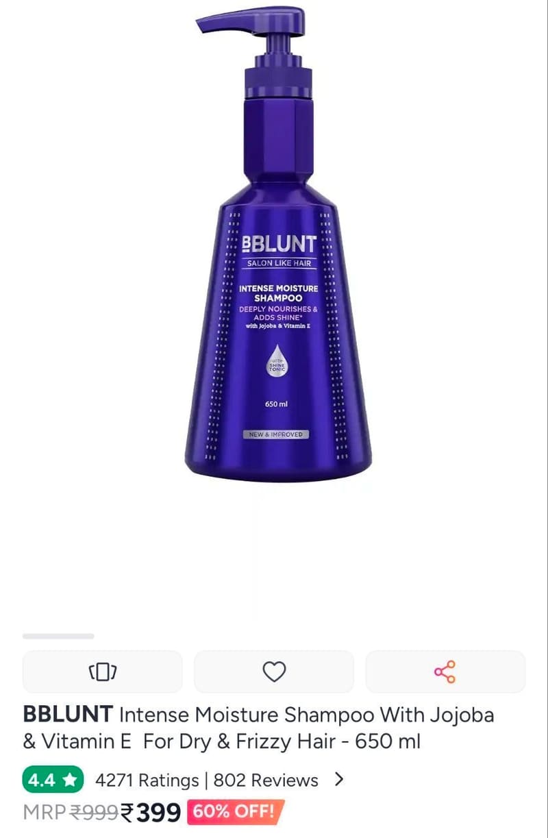 Myntra | BBLUNT Intense Moisture Shampoo With Jojoba & Vitamin E  For Dry & Frizzy Hair - 650 ml