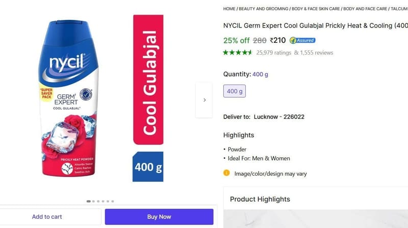🔥  NYCIL Gulabjal Prickly Heat & Cooling Powder (400 g) @ ₹210