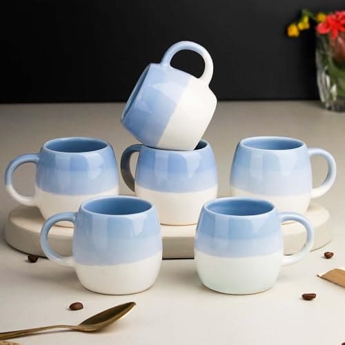 🛒 The Earth Store Tritone Sky Blue Ovule Shape Cup Set of 6 for Tea Microwave and Dishwasher Safe, Perfect for Every Occasion Capacity - 190 Ml Each - Ceramic