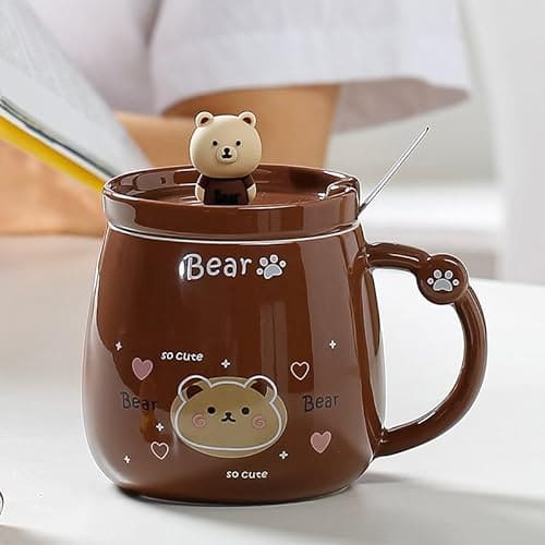 🛒 Vasukie Bear Coffee Mug with Lid & Steel Spoon, Mugs for Coffee, Rakhi for Brother, Birthday Gift, Gifts for Woman, Ceramic Mug, 3D Bear Coffee Mug (Bear Mug)