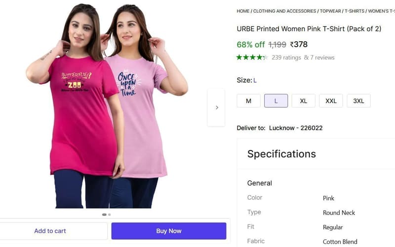 🔥  Women's T-Shirt (Pack of 2) @ ₹378