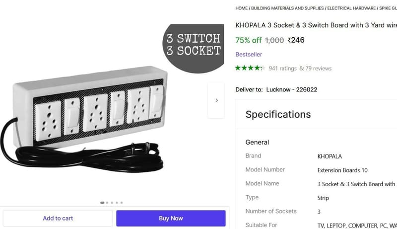 🔥  3 Socket & 3 Switch Board with 3 Yard Wire @ ₹246