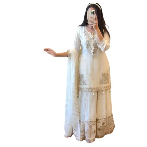 🛒 Elegant White Embroidered Sharara Set with Lace Details, Traditional Indian Ethnic Wear fashionable (IN, Alpha, S, Regular, Standard, white)