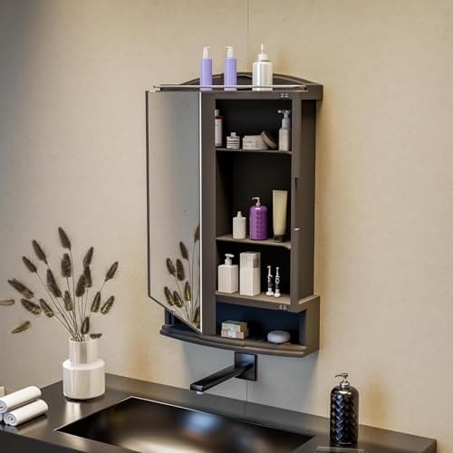 🛒 TEX-RO Bathroom Mirror Cabinet for Wall with Storage | Plastic Wash Basin Mirror Cabinet | Wall Mount Organizer with Shelves & Toothbrush Holder | PPCP Bathroom - Black