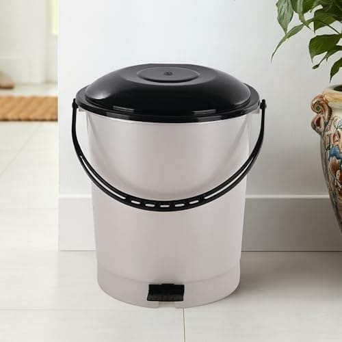 🛒 Kuber Industries 10 Ltr Plastic Dustbin for Home with Pedal, Lid & Handle | Dustbin for Kitchen, Bathroom & Office | Garbage Bin for Wet or Dry Waste | Check Dhakkan- White