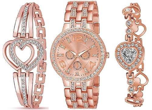 🛒 Acnos Rose Gold Radiance Diamond analogue Watch & Heart Diamond Bracelet For Women Watch For Girls Pack Of 3