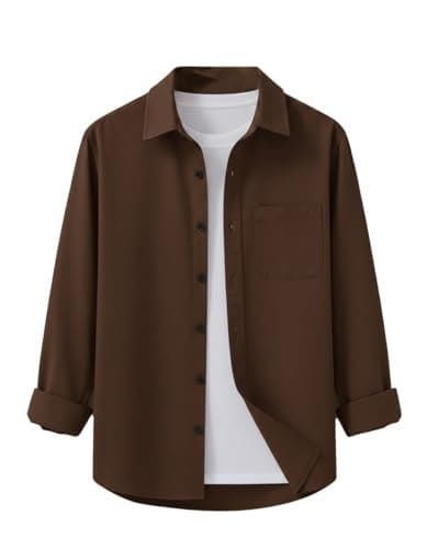 🛒 Men's Light Blue Long Sleeve Button-Down Casual Shirt with Chest Pocket, Relaxed Fit (in, Alpha, M, Regular, Brown)