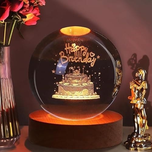 🛒 Desidiya 3D Crystal Happy Birthday Lamp Engraved Crystal Ball LED Night Light with Wooden Base - USB Powered Glass Ball Led Night Light Table Lamp for Kids Room, Teens Home & Office Decor,Warm White