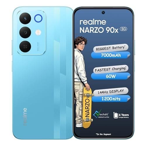 🛒 realme NARZO 90x 5G (Flash Blue 2026, 6GB+128GB) | 7000mAh + 60W Biggest Battery & Fastest Charging in the Segment* | 144Hz Bright Display | Sony 50MP AI Rear Camera | 400% Ultra Boom Speaker