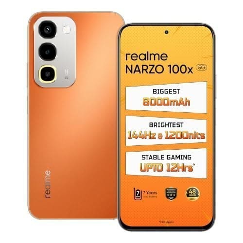 🛒 realme NARZO 100x 5G (Flash Orange,6GB+128GB) | Biggest 8000mAh Battery | 45W Fast Charge | 144Hz, 1200nits Bright Display | 7 Years Battery Health | Military-Grade Resistance | 48-Month Fluency