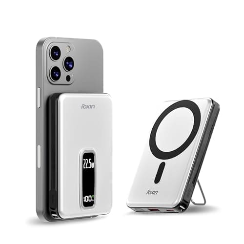 🛒 Foxin Mag One Wireless 10000mAh Fast Charging Power Bank with Metal Stand | USB Type C Input & Output, 22.5W Portable Charger for iPhone 12 & Above, Android & Qi Enabled Devices | Pearl White