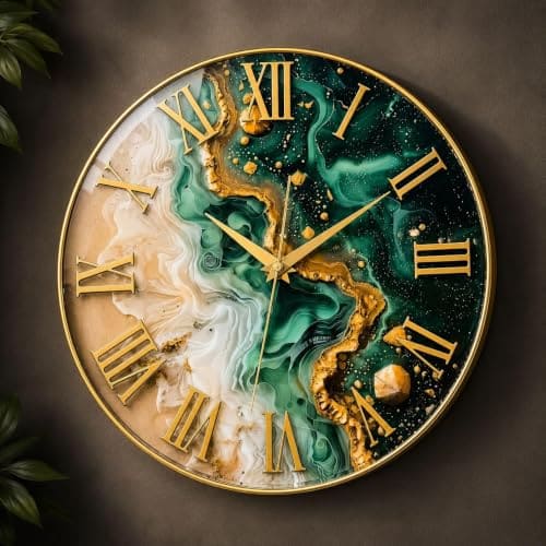 🛒 Aayog creations Resin Art Wall Clock with Gold Roman Numerals, Green & Gold