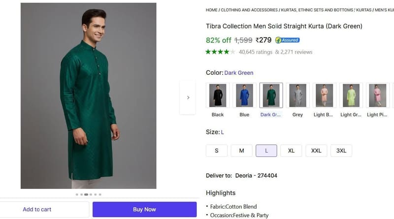 🔥  Men's Solid Straight Kurta @ ₹279