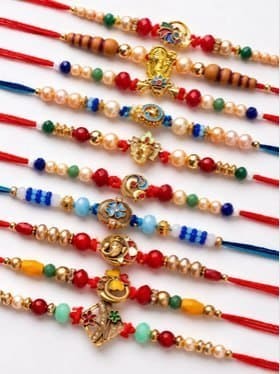 🔥 Anouk Set Of 10 Artificial Stones & Beads Thread Rakhi With Roli Chawal Chandan Mishri