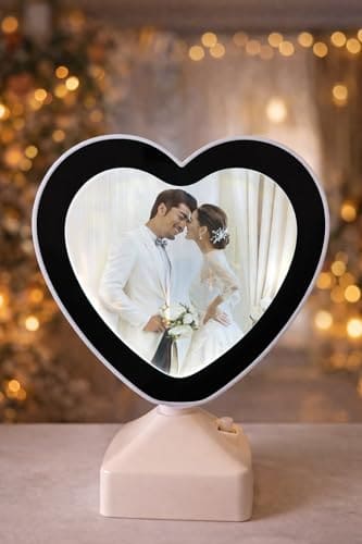 🛒 Kalasagar Gifts | Personalized Customized Magic Mirror Heart Shape LED Photo Frame | Custom Name & Photo Gift for Couple | Anniversary, Birthday, Valentine, Wedding | Tabletop (Small Heart)