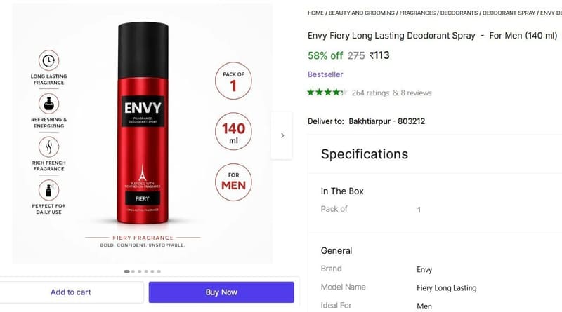 🔥  Envy Fiery Deodorant Spray  -  For Men (140 ml) @ ₹113