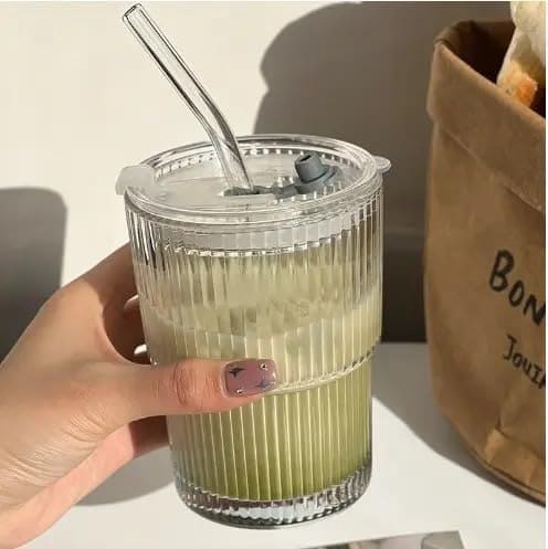 🛒 SKDBPM Ice Juice Drinks Glass Can Mug with Straw for Milk/Coffee/Green Tea Cup Set of 1-400ml Transparent Printed Can Shape Cup (Pack of 1) (Ribbed Sipper)