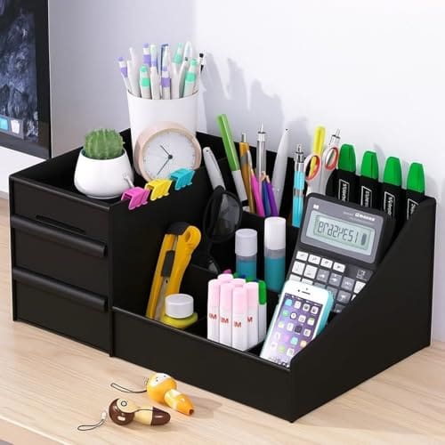 🛒 Shuttle Art ABS Plastic Desk Organiser with Drawer,Multifunctional Desk Organizer,Customized Desk Organizer with Pencil Holders,Sticky Note,Paperclip StorageIOffice Table Stand for Home/Office(Black)