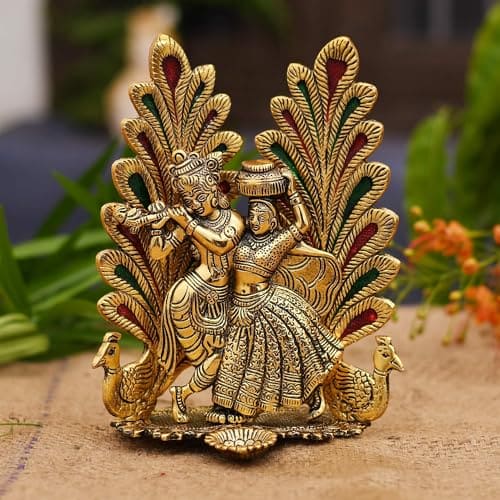 🛒 Collectible India Peacock Design Radha Krishna Idol Showpiece with Diya for Puja and Home Decor (7 x 5 Inches), Metal, Gold (1 Piece)
