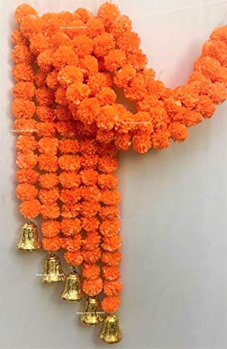 🛒 SPHINX Artificial Marigold Fluffy Flowers and Golden/Silver Hanging Bells Garlands/Torans/Wall hangings for Decoration- 30 Flowers per String - (Dark Orange, 5)