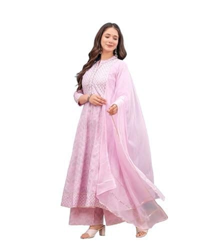🛒 MANHAREE | Women's Rayon Anarkali Kurta with Pant & Dupatta Set,Baby Pink