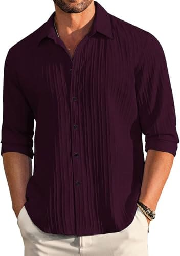🛒 DEELMO Men's Casual Button Down Shirts Long Sleeve Linen Shirt Fashion Textured Beach Summer Shirt (in, Alpha, 3XL, Regular, Wine)