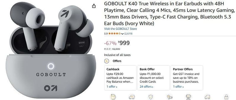 Amazon | Boult Audio K40 True Wireless in Ear Earbuds @₹999
