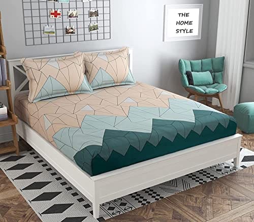 🛒 THE HOME STYLE Cotton Feel Glace Cotton Elastic Fitted Printed King Size Double Bed Bedsheet with 2 Pillow Cover(72"x78", Pastel Green) , 300 - 350 threadcount