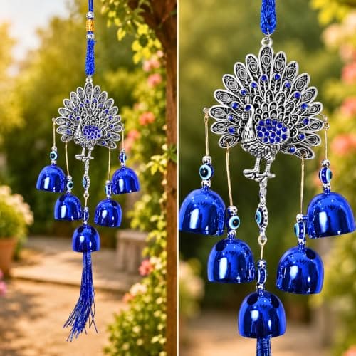 🛒 MASI HUB Peacock Metal Evil Eye Wind Chimes for Home Positive Energy Turkish Wind Chime for Wall Hanging Decoration Items for Living Room Entrance Outdoor Balcony Housewarming Gifts (Color -1)