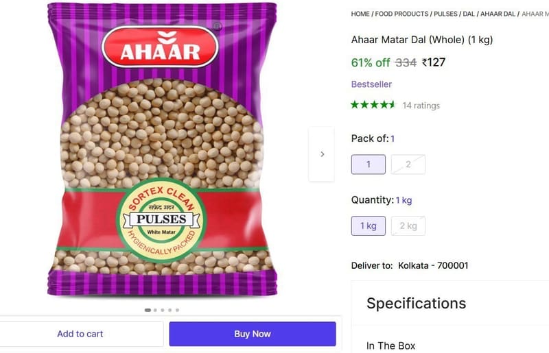🔥  Ahaar Matar Dal (Whole) (1 kg) @ ₹127