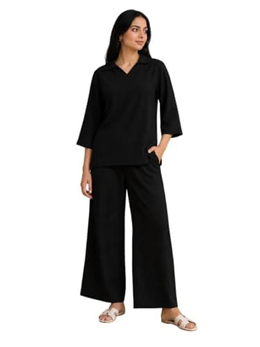 Women's Co Ord Set for Women - Relaxed Fit Collared Top with...